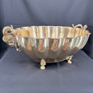 Vtg Brass Jardiniere Ram's Head Handles Claw Footed‎ Decorative Bowl Centerpiece